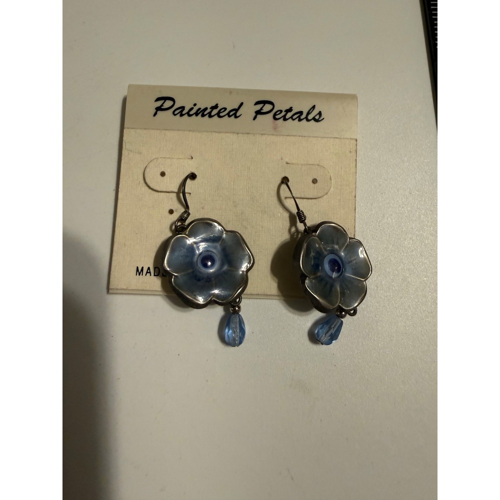 Painted Petals Blue Flower Drop Earrings Vintage‎ Made in USA Floral Boho Bead